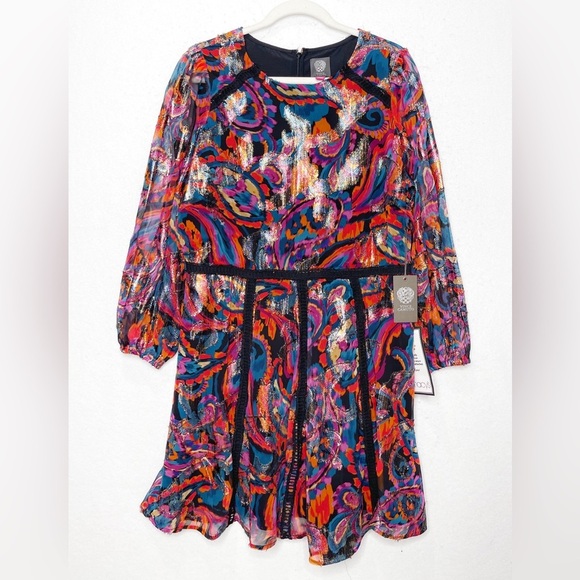 Vince Camuto Metallic Paisley-Print Lace-Trim Dress Shimmery Size 14 - Picture 4 of 16